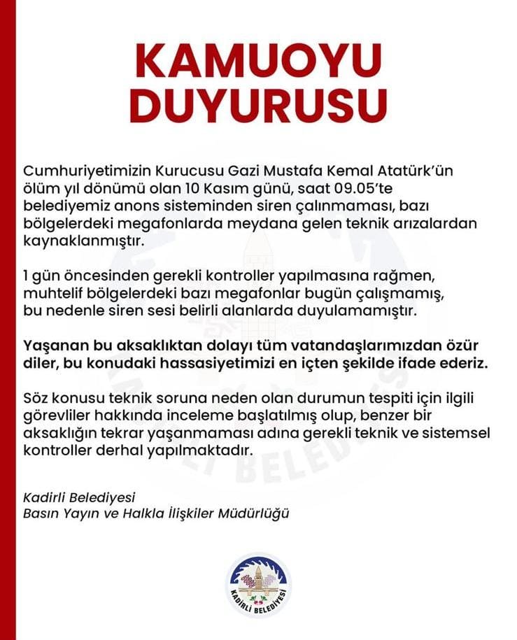 Kadirli Belediyesi'nde 10 Kasım'da Sirenler Neden Çalmadı İşte Sebebi!