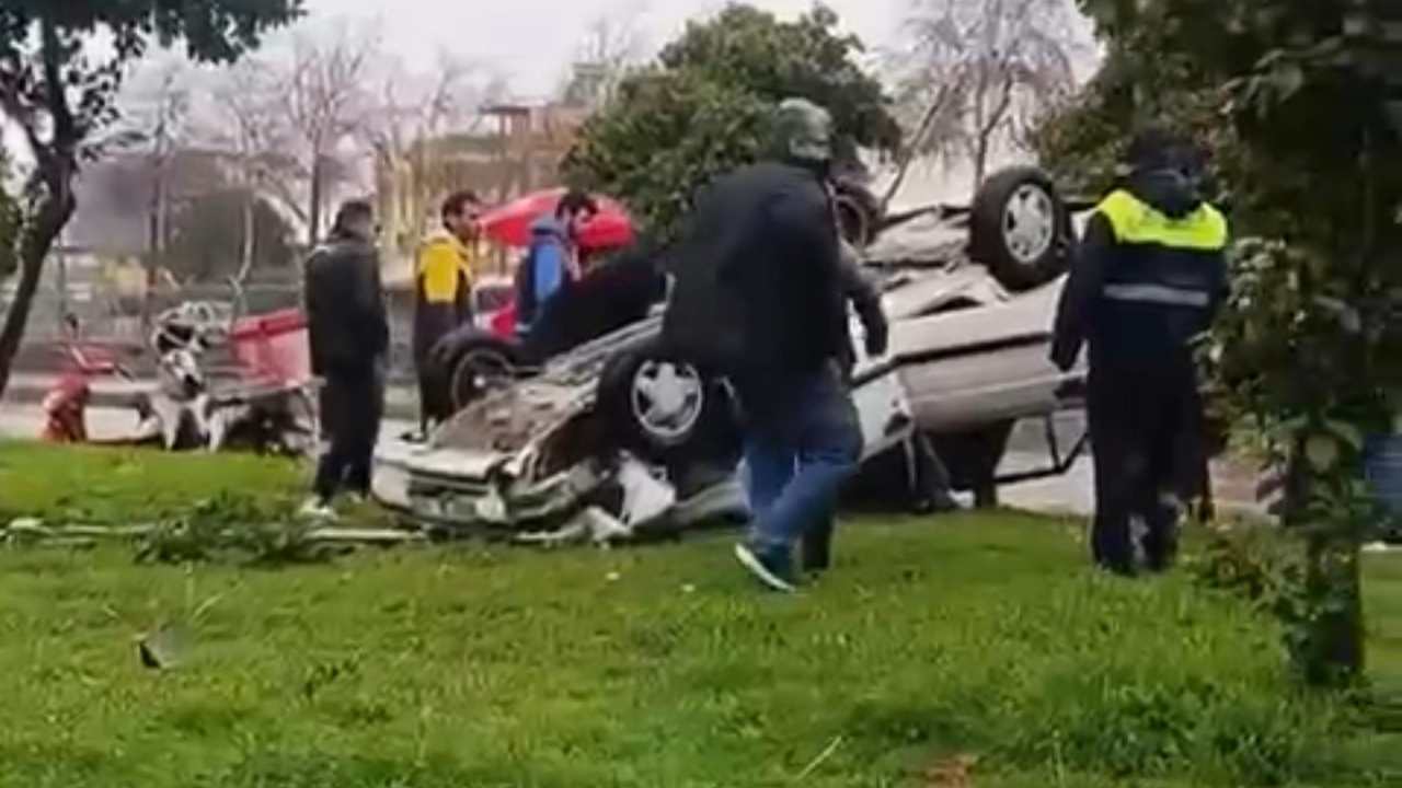 Adana’da Otomobil Takla Attı 1 Yaralı (1)