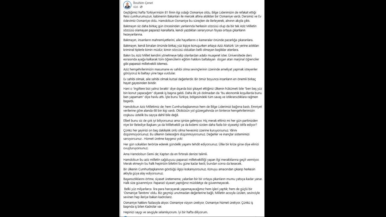 Osmaniye Belediye Başkanı İbrahim Çenet’ten Gündeme Dair Sert Açıklamalar