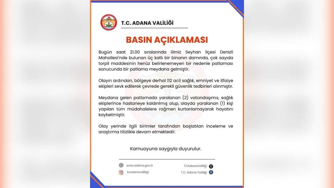 Adana’da Patlama Sonrası Valilikten Açıklama (1)