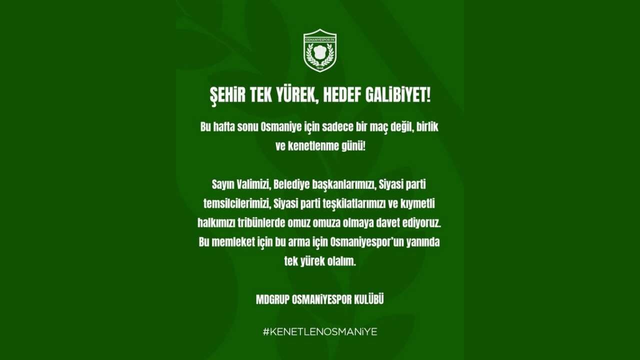 Md Grup Osmaniyespor’dan Tarihi Çağrı Şehir Tek Yürek!