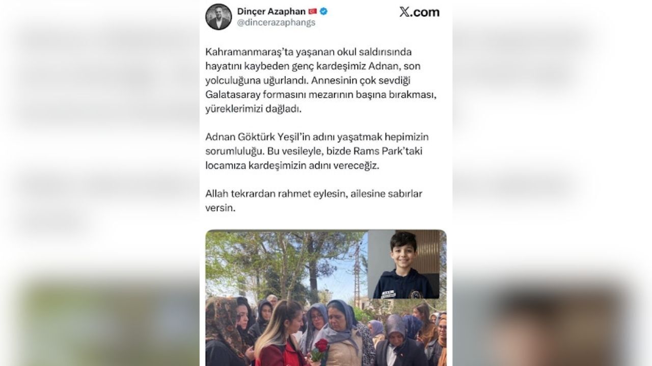 Dinçer Azaphan’dan Vefa Sözü Okul Saldırısı Kurbanı Adnan Göktürk Yeşil’in İsmi Rams Park’ta Yaşatılacak