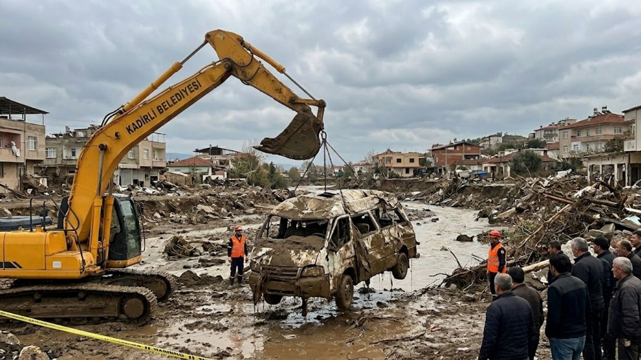 Kadirli’de Sel Sularına Kapılan Minibüs Hurda Halinde Bulundu (1)