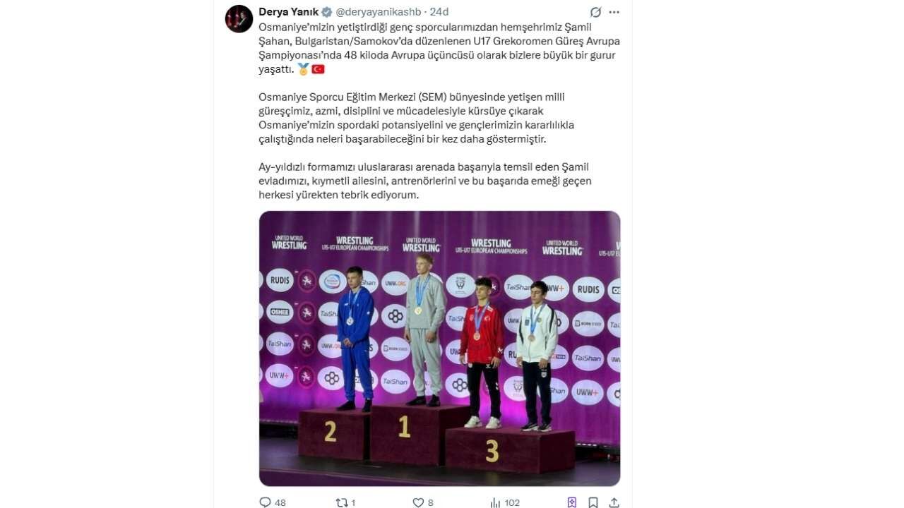 Osmaniyeli Şamil Avrupa Üçüncüsü Derya Yanık Tebrik