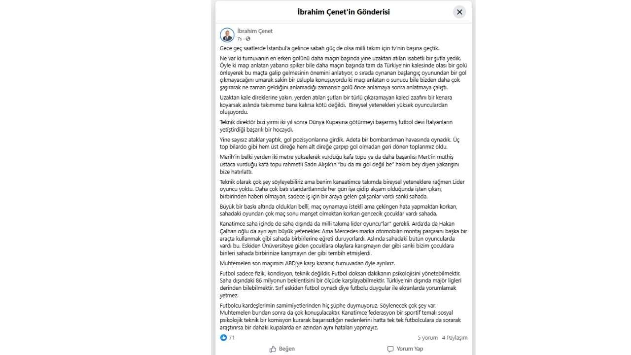 Osmaniye Belediye Başkanı Çenet'ten Çarpıcı Milli Takım Analizi