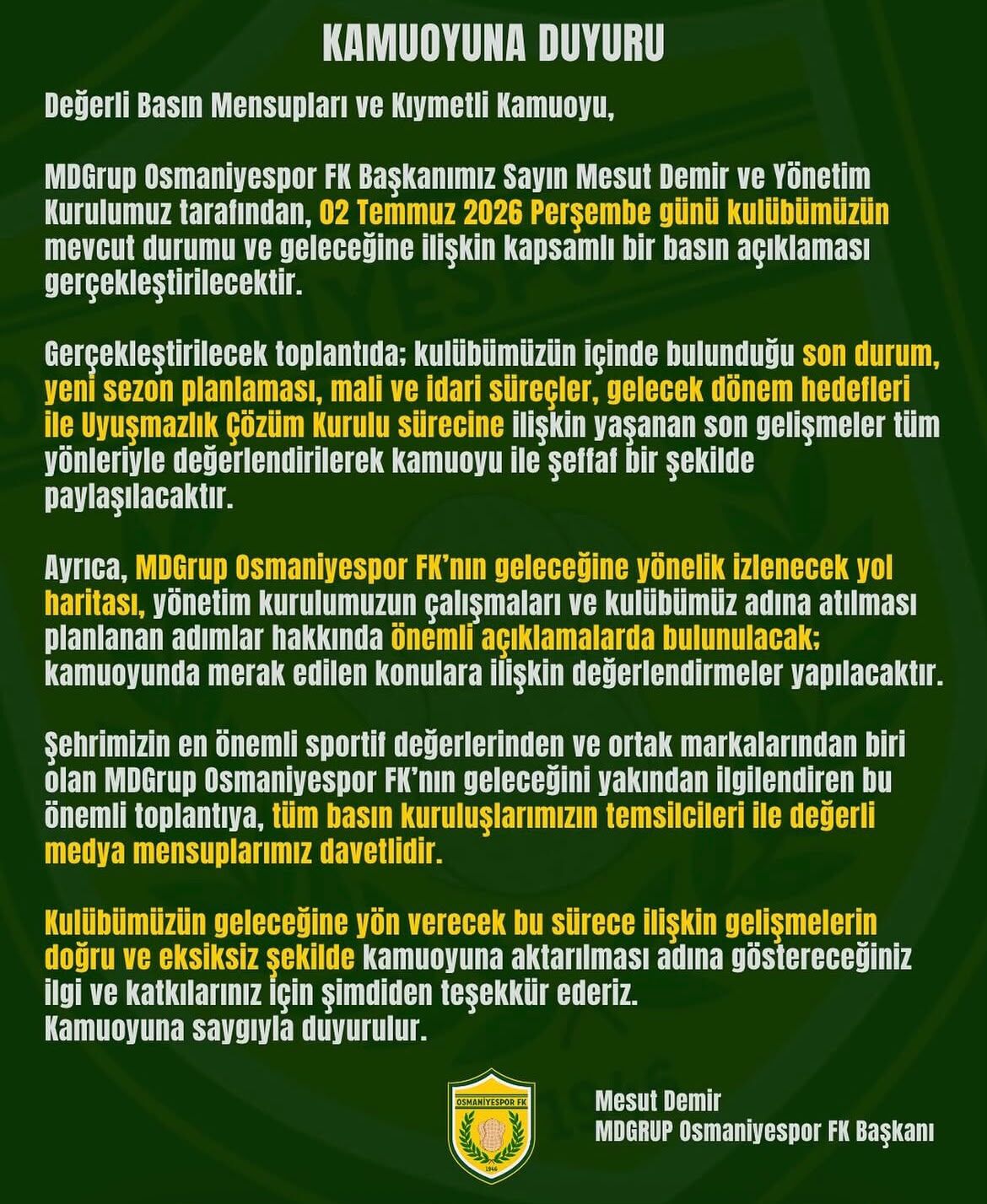 Osmaniyespor 2 Temmuz Basın Toplantısı