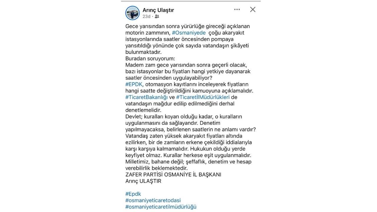Osmaniye'de Gece Yarısı Zammı Pompaya Erken Mi Yansıdı Zafer Partisi'nden Sert Tepki! (1)